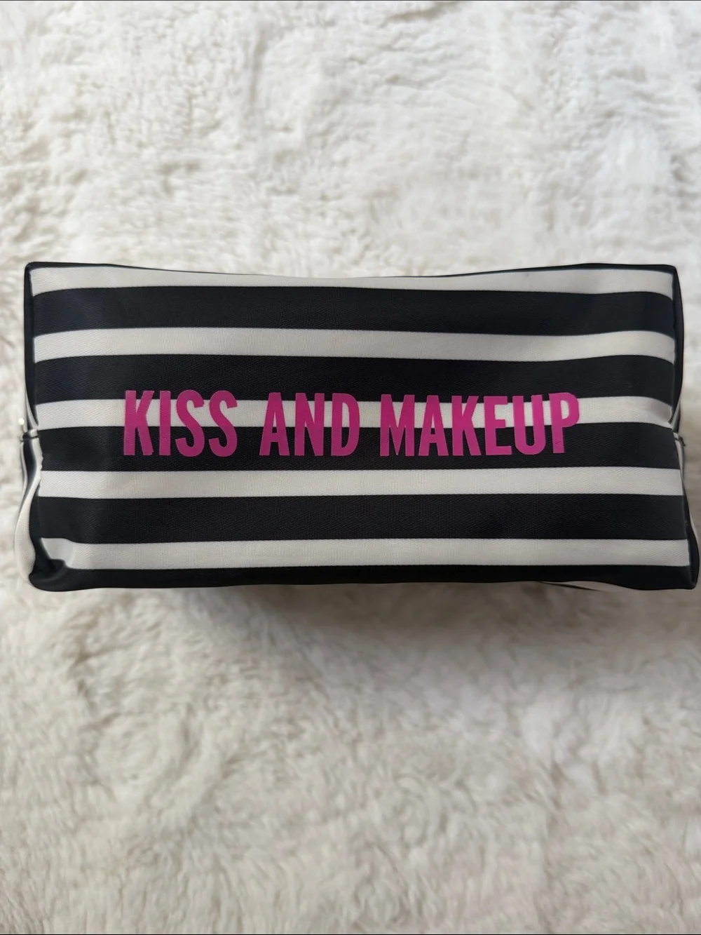 KATE SPADE,  black and white striped makeup pouch